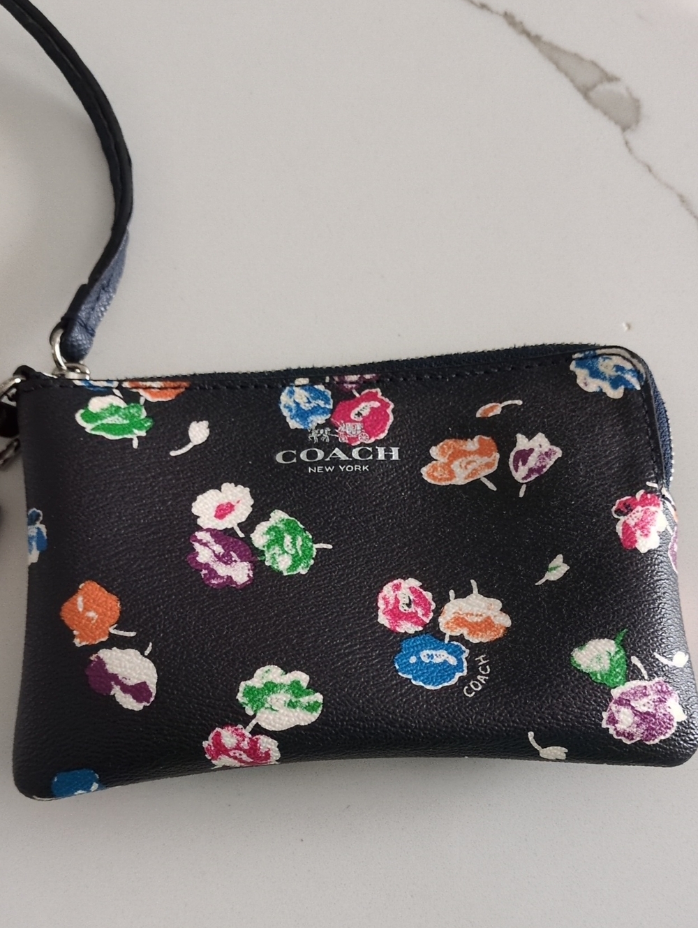 Coach Black Floral Leather Wristlet with Multicolor Blooms
